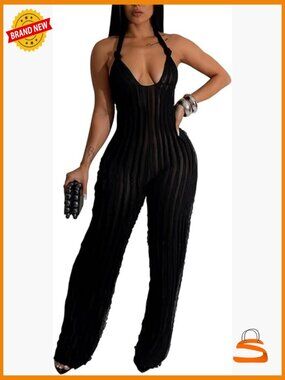 Sexy Halter Backless Jumpsuit Wide Leg Long Pants Romper Women